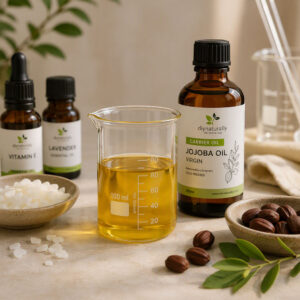Amber glass bottle of DIY Naturally Virgin Jojoba Oil with jojoba seeds and green botanical leaves for natural skincare formulations