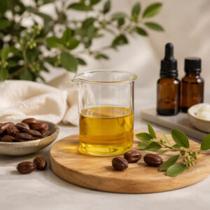 Virgin Jojoba Oil with jojoba seeds and green botanical leaves for natural skincare formulations