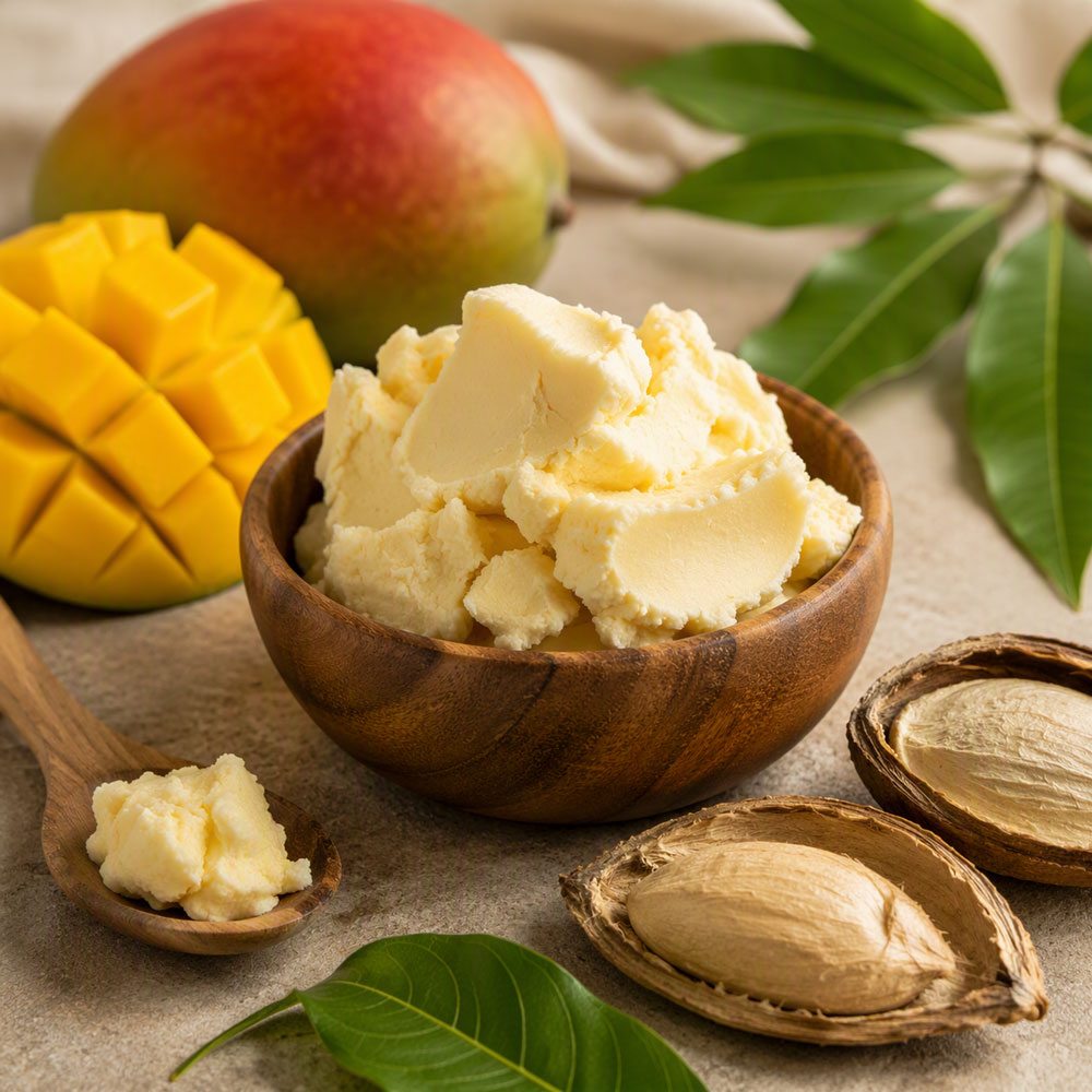 Natural mango butter in a wooden bowl with mango fruit and leaves for DIY skincare formulations