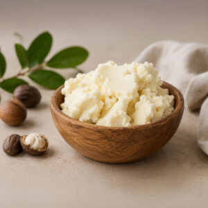 Raw unrefined shea butter in a natural wooden bowl for DIY skincare and body butter formulations