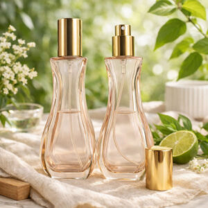 Transparent perfume bottles with gold caps placed on linen cloth among green leaves, white blossoms, and a sliced lime under natural daylight