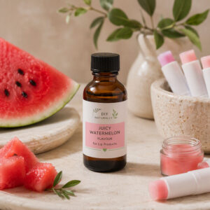 Juicy Watermelon Flavour oil for lip balm, lip gloss and cosmetic lip care formulations in amber glass bottle